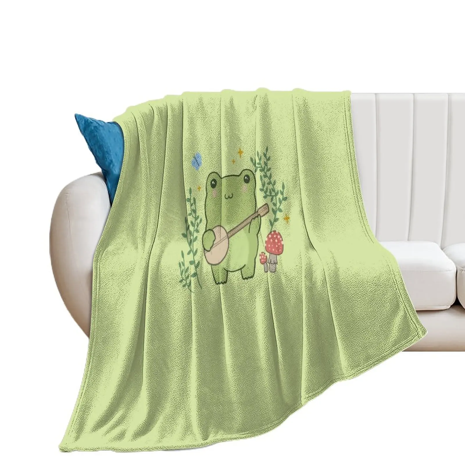 Cute Kawaii Frog Playing Banjo - Toad Plant Fungi Blue Butterfly - Cottagecore Aesthetic Mushroom - Chubby Phrog Throw Blanket