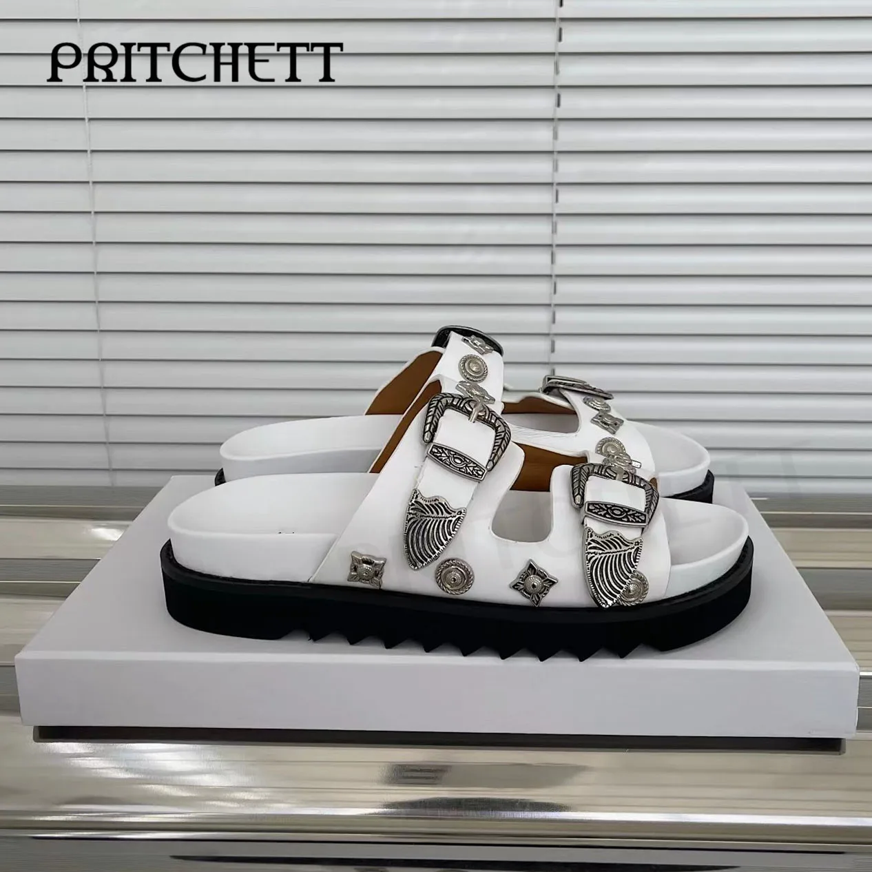 Silver Metal Decorative Platform Slippers Round Toe Leather Open Toe Slippers Personality Casual Fashion Women's Shoes