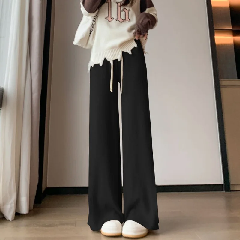 Knitted wide-leg pants design sense side pleated pit strips autumn and winter thickened drape loose and thin moppingcasualpants