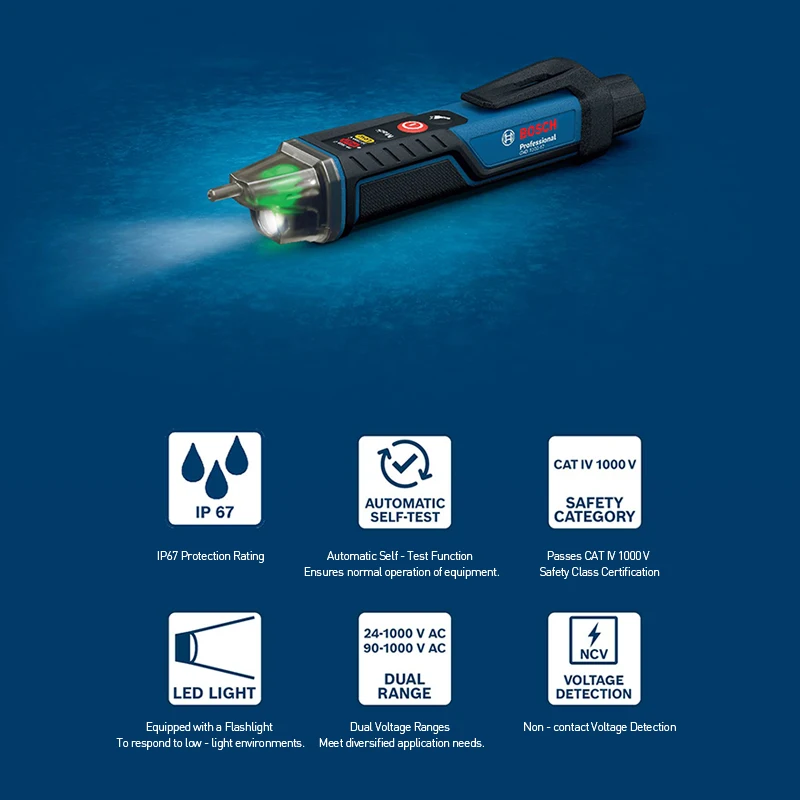 BOSCH PRO GVD 1000-17 Voltage Tester Self-test IP67 Rating Non-contact Dual Voltage Power Professional Tool