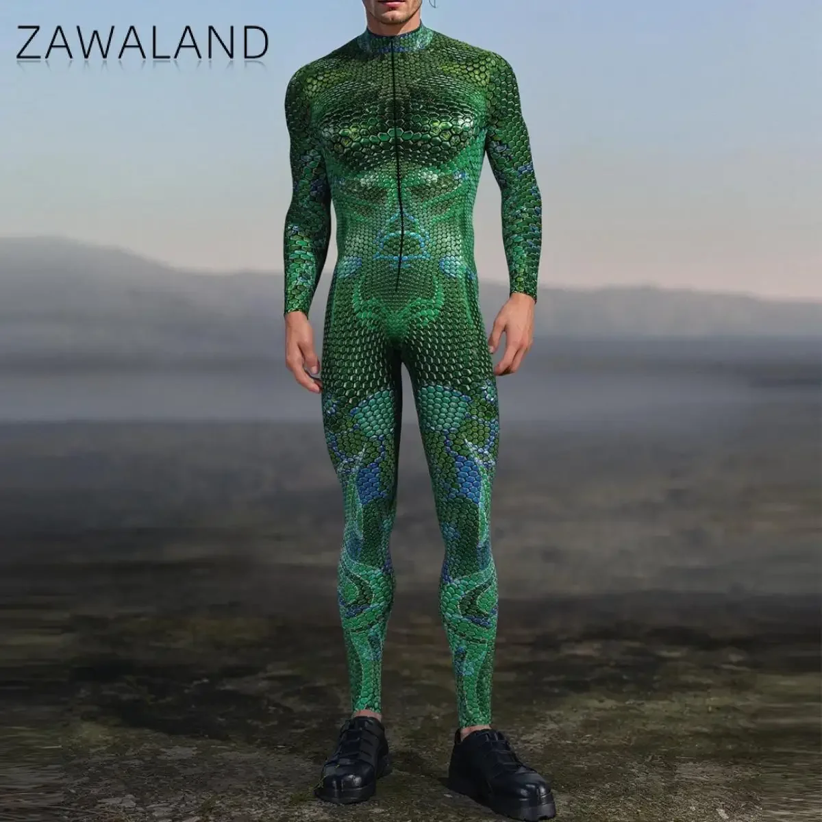 Zawaland Myriad Sentinel Green Cosplay Bodysuit Women Men Snake Print Costume Festival Party Outfit Rave Performance Zentai Suit view 5