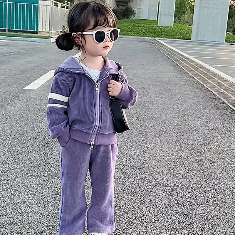 New Kids Hooded Set Children\'s Cute Fashion Casual Suit Autumn Girls Solid Color Tops Sweatpants Two Pieces 3-10 Years Old