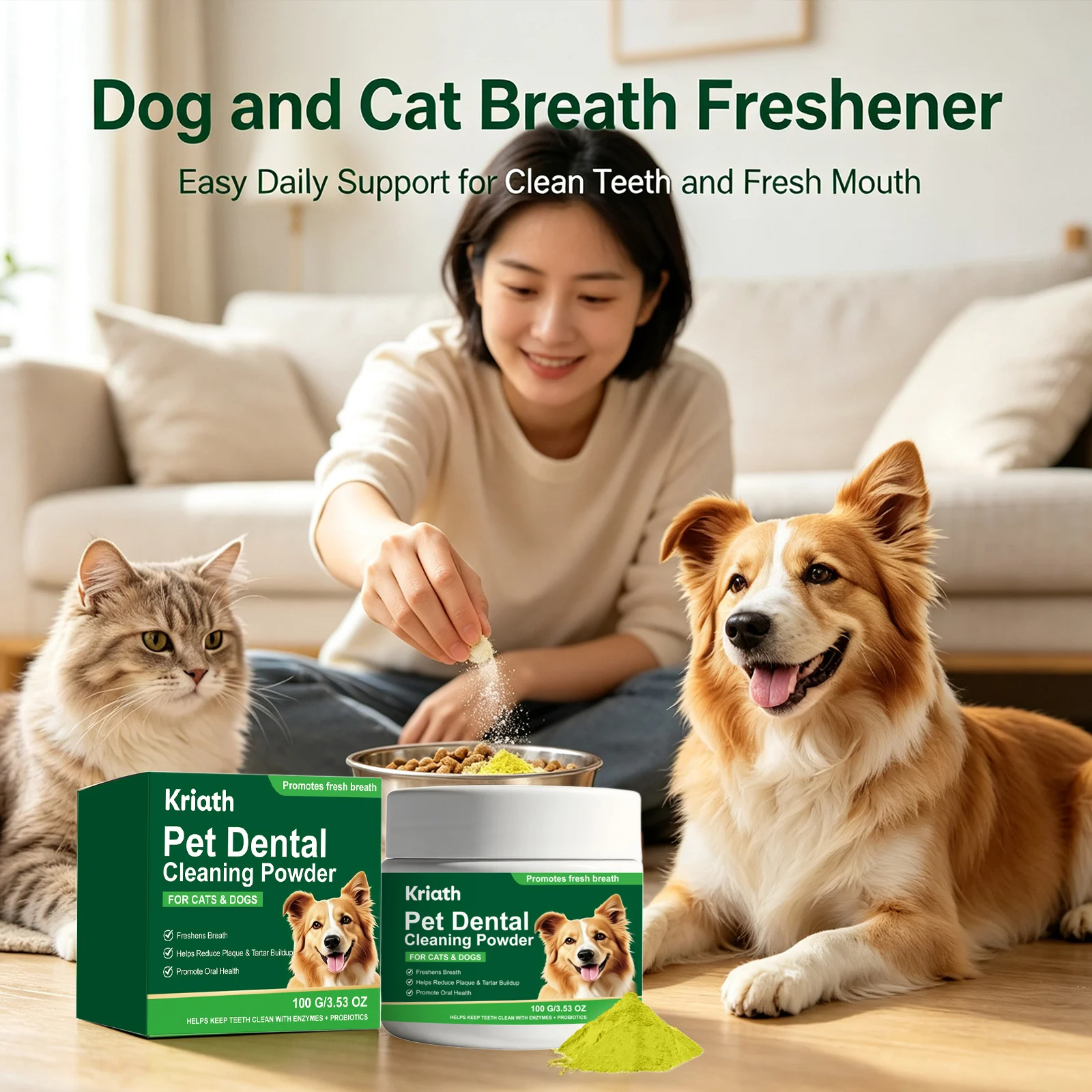 Pet Dental Cleaning Powder Reduce Plaque & Tartar Build‑up Freshen Breath Gums Care No Brushing Gentle Dog Teeth Cleaning Powder