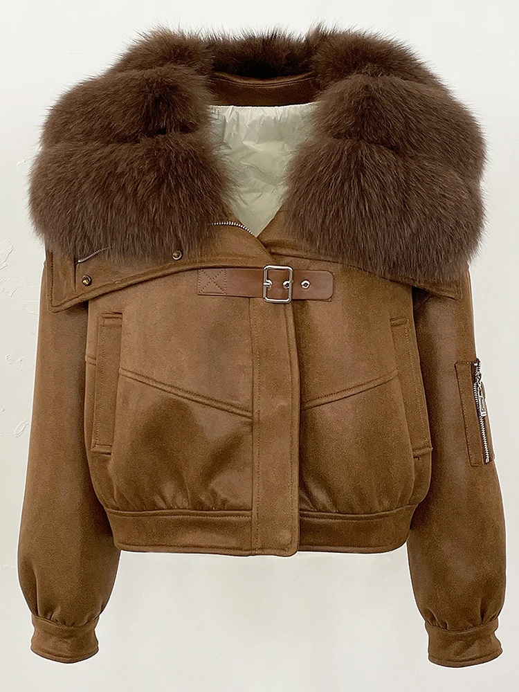 2025 جديد إمرأة كبير الطبيعية الثعلب الفراء طوق معطف سميك الملابس الشتوية رقيق سترة منفوخة الإناث قصيرة سترة من جلد الغزال سيدة #5