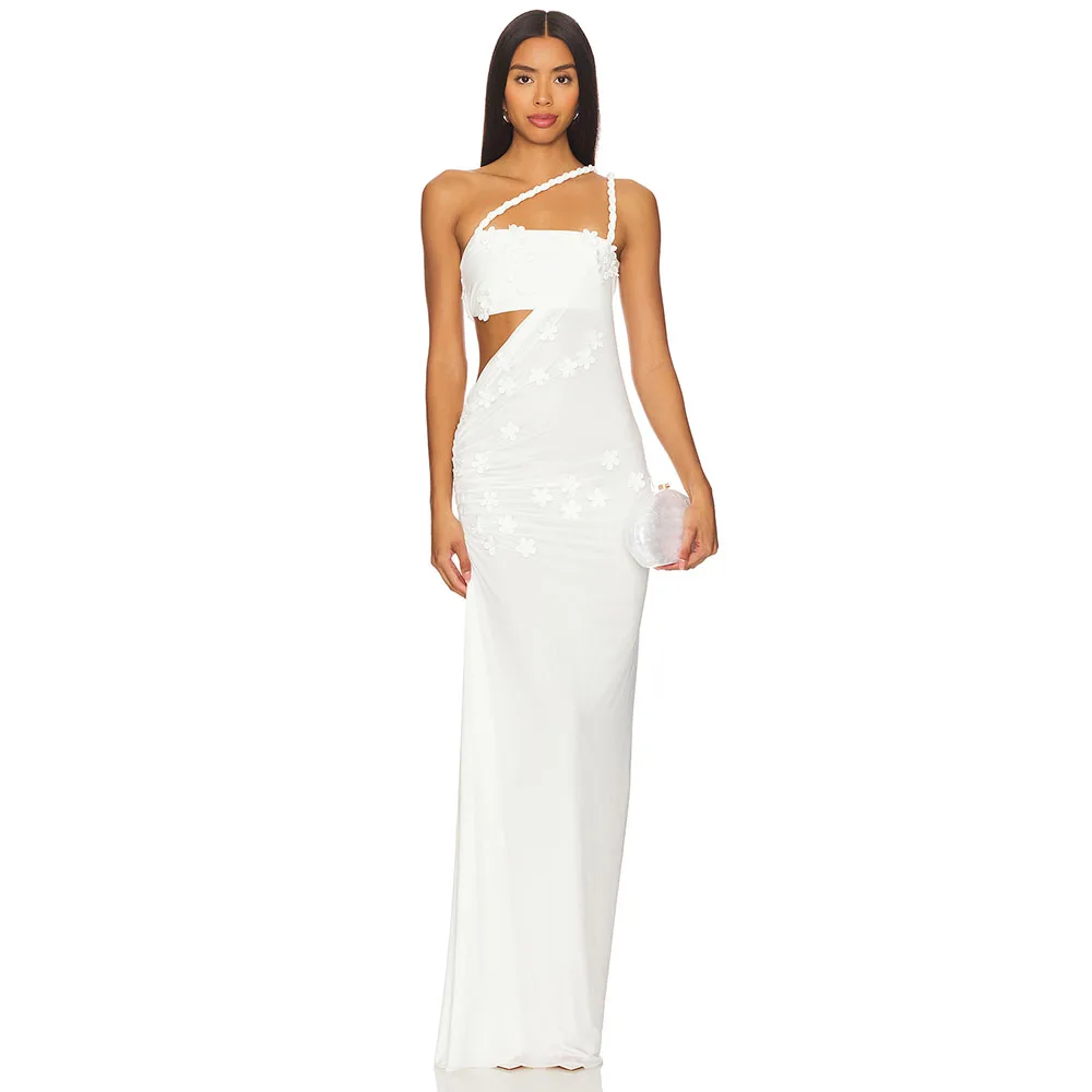 

Beauty Ivory Evening Dress For Wedding One Shoulder Women's Evening Gown With Flowers Floor Length Simple Formal Party Dresses