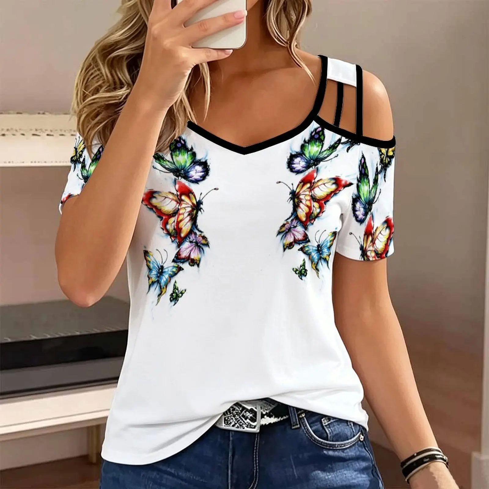 Plus Size Elegance Slim Print Cold Shoulder Top  Summer Ladies V Neck Short Sleeve T-shirt Fashion Casual Female Clothing
