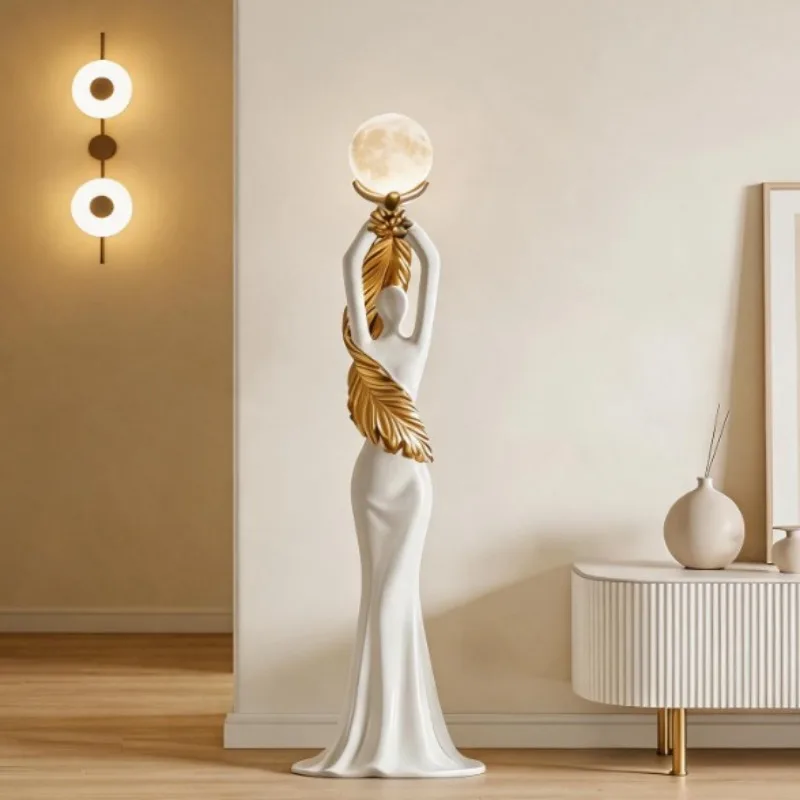 Aesthetic Floor Lamp Ornament Modern Luxury Feather Angel Sculptures Living Room Lighting Up Statuette Creative Home Decoration