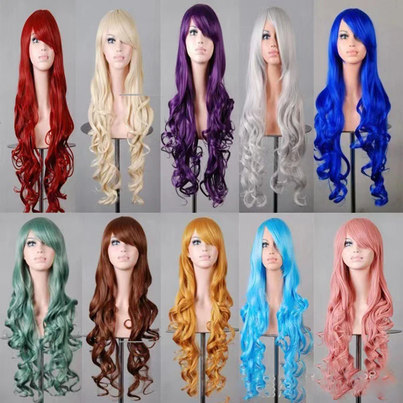 Woman Colorful Simulation Long Curly Hair Ball Lady Evening Dress Match Side Swept Bangs Big Wave Long Hair Anime Cosplay Wig