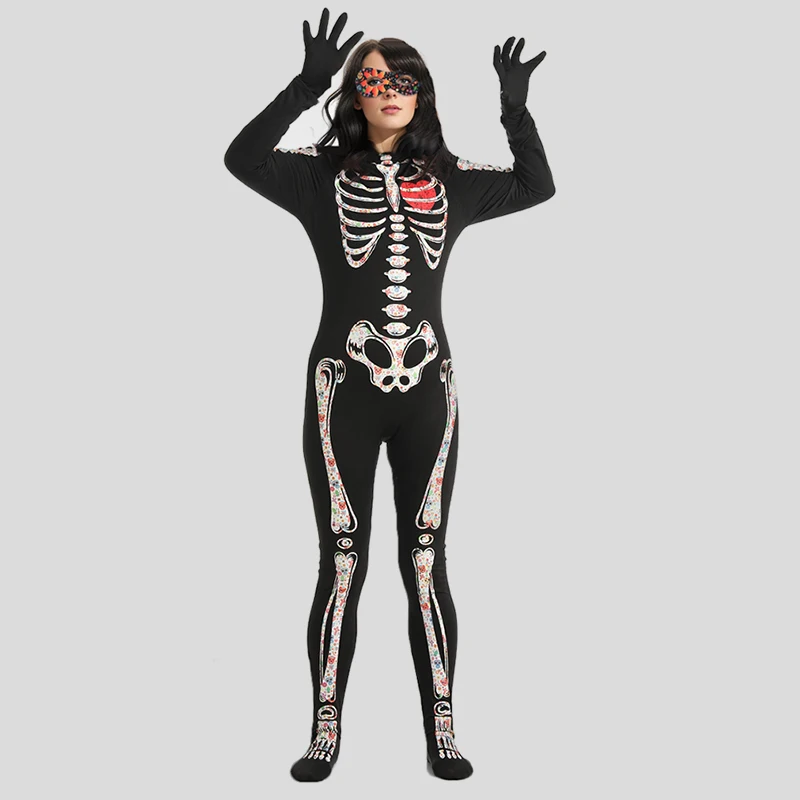 Costumes de fête cosplay d'Halloween pour femmes avec des motifs de crânes colorés, une combinaison, des gants et des accessoires pour les yeux à fermeture éclair au dos