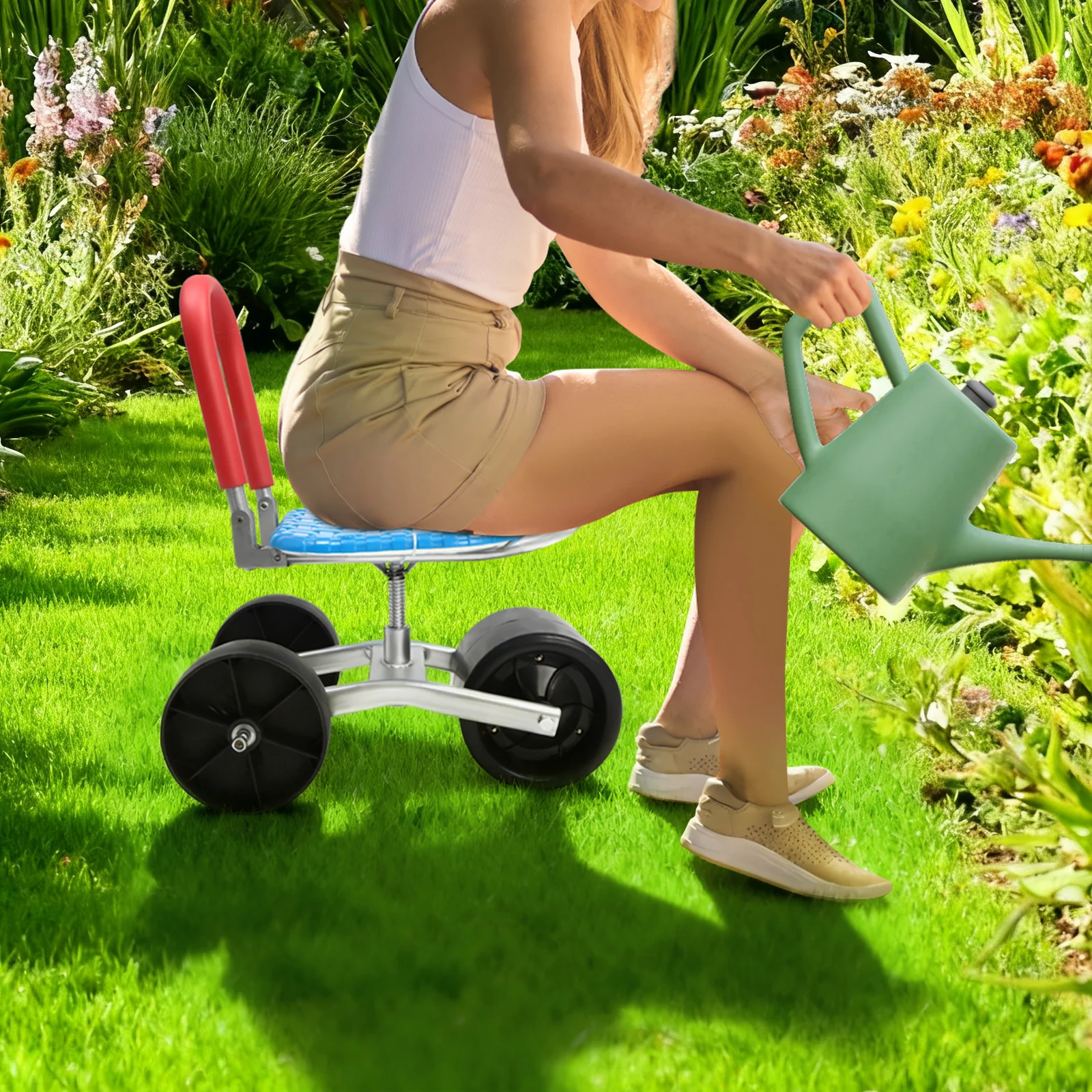 

360° Swivel Rolling Garden Seat, L‑Shaped, Height Adjustable 23‑38cm, 150kg Load for Farm Greenhouse Picking
