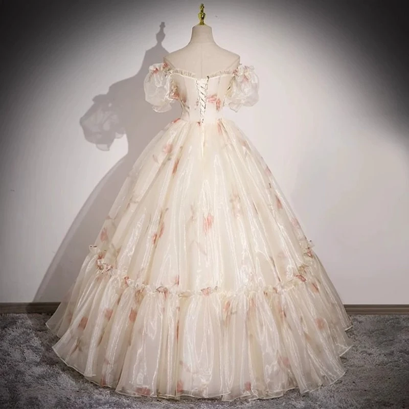 Vestidos estampados De Organza para quinceañera, Vestido De baile con escote Corazón, hombros descubiertos, cuentas, volantes, cordones, dulce 16, 15 Años