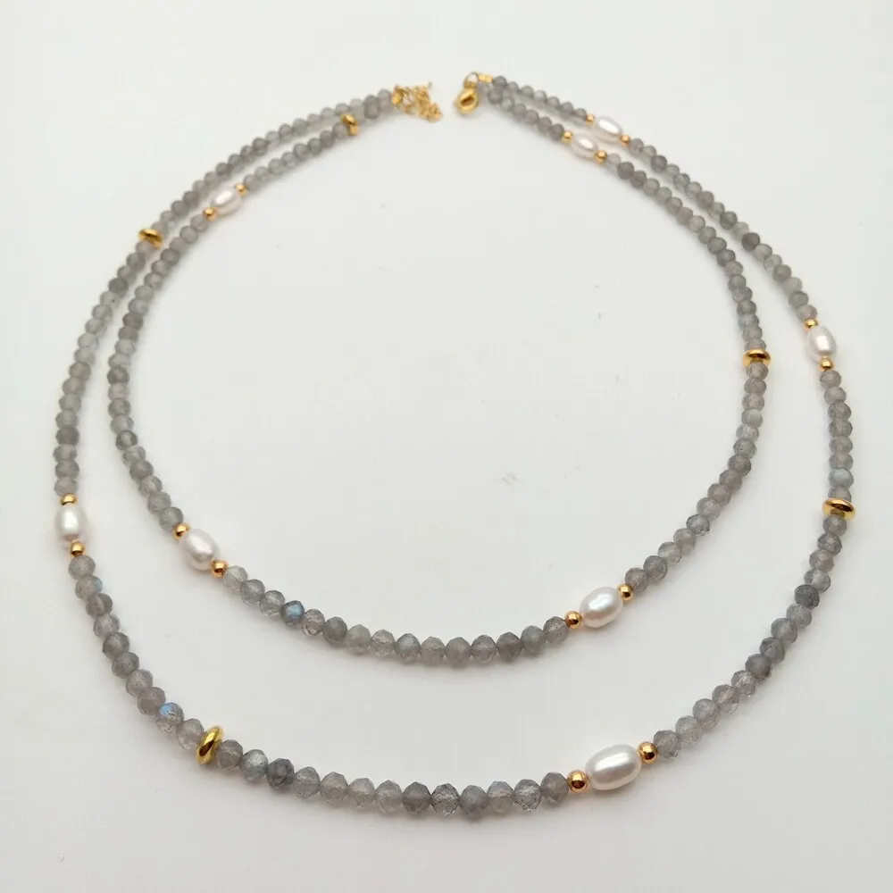 

2-рядное ожерелье из натурального граненого лабрадорита с культивированным белым рисом и жемчугом 17,5 дюйма
