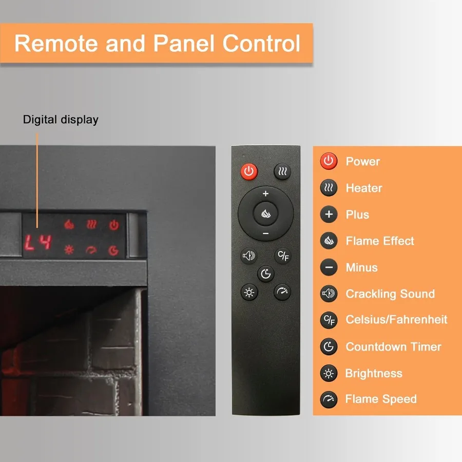 28 Inserti per caminetto elettrico con fiamma regolabile, suono crepitante, termostato incorporato e telecomando per il riscaldamento domestico