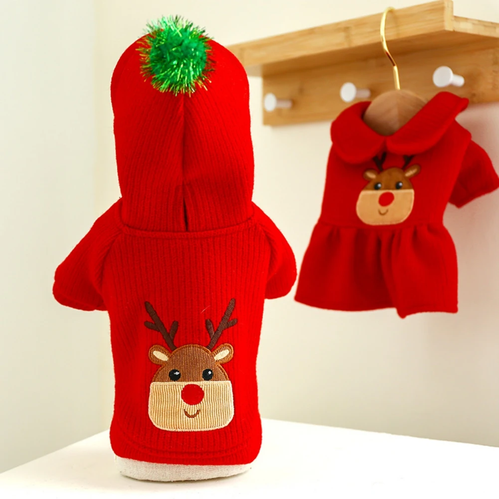 Autumn Winter Pet Dog Clothes Warm Plush Christmas Elk Couple Dress Red Skirt Hoodies Dog Clothes Sweater Warm Puppy Outfits