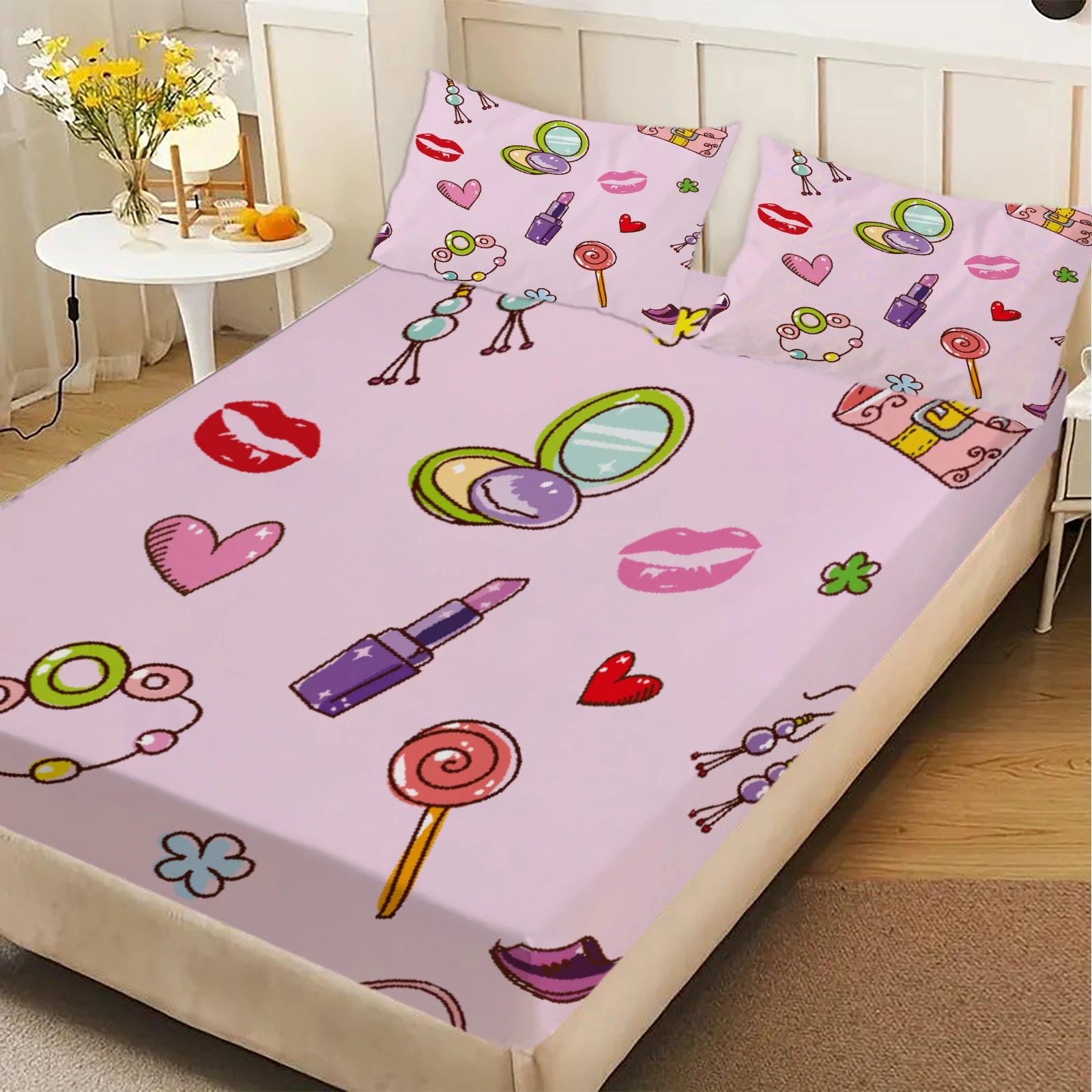 3pcs Pink Fitted Sheet Set For Girls Bedroom Decor Lips Hearts Makeup Lollipops Jewelry Printed Flat Sheet With 2Pillowcases