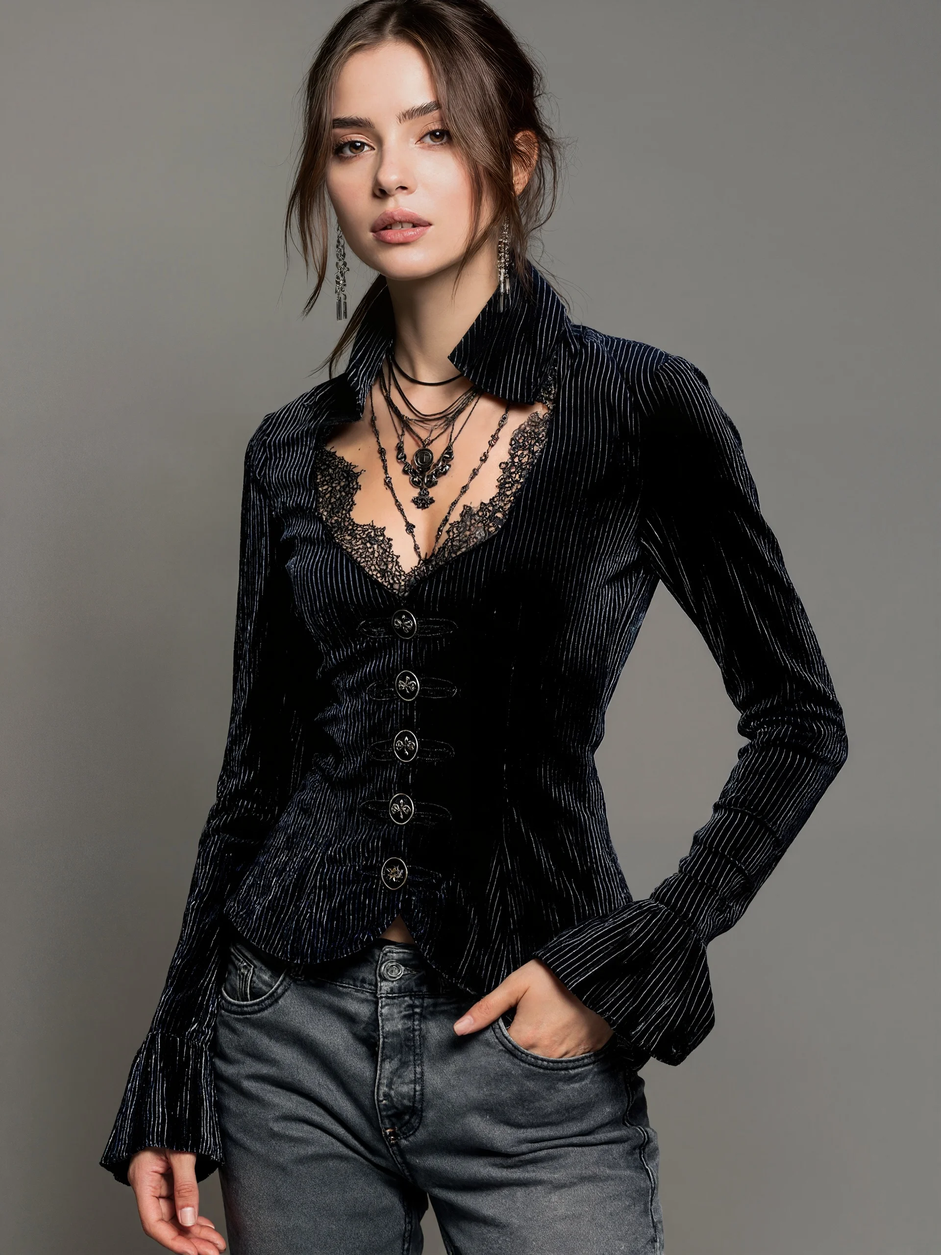 Women V-neck Lace Splicing Flare Sleeve Striped Blouses Europe Americ Sexy Slim Tops Shirts Elegant Button Front Women's Blouse