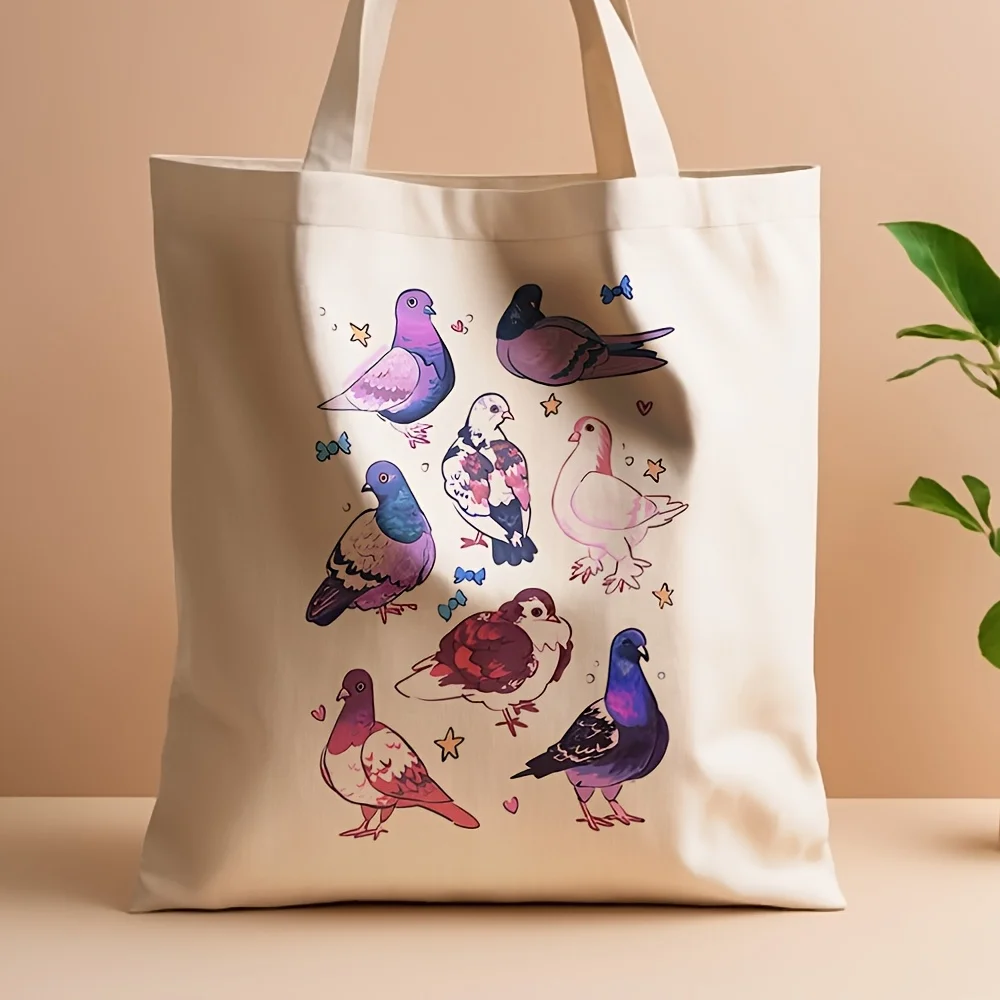 1pc Whimsical Pigeon And Hearts Illustration Canvas Tote Bag - Reusable Grocery Bag, Durable Canvas for Daily Commute, Beach Tra