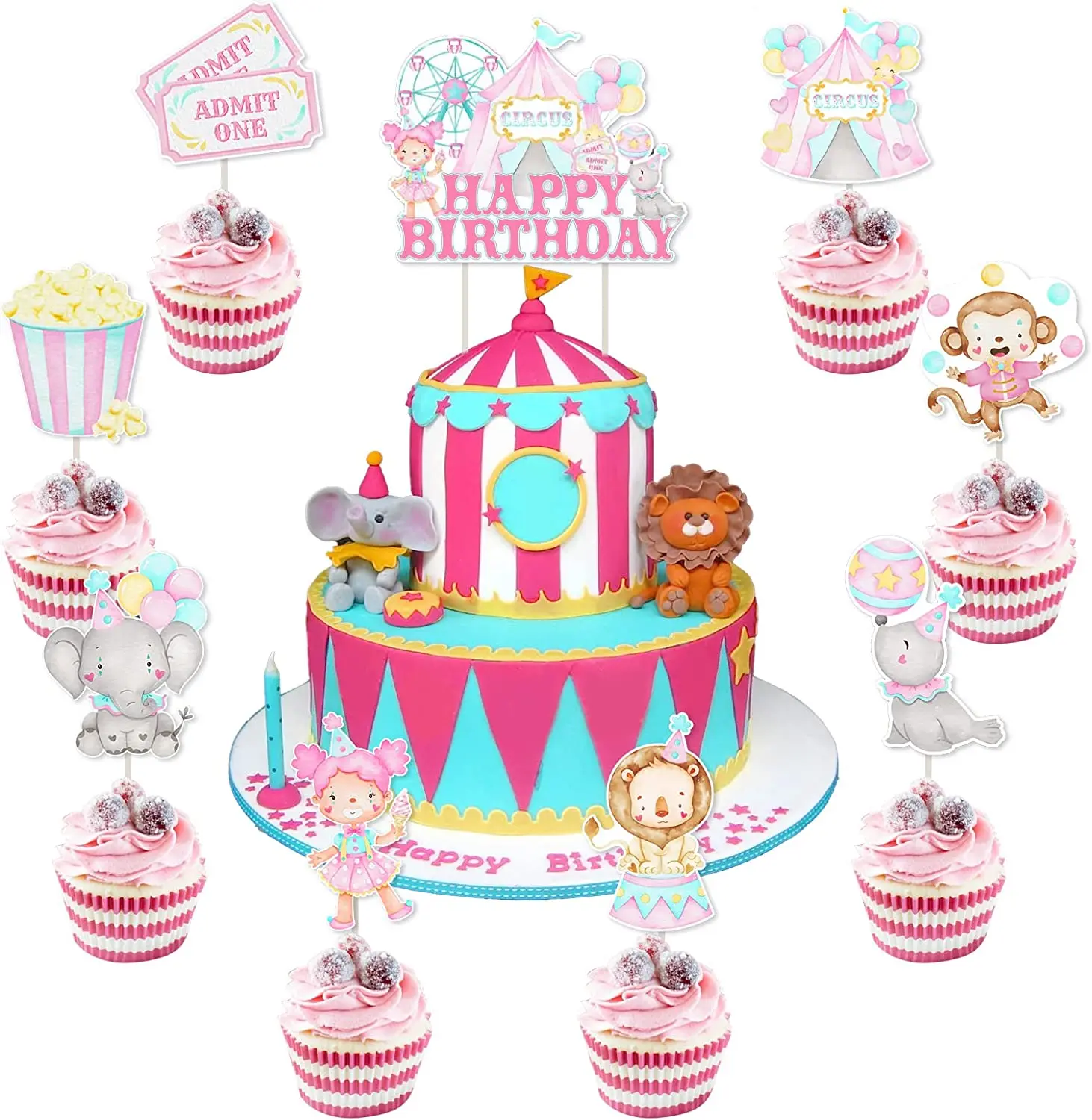 25pcs Pink Circus Decorations for Girl Circus Cake Toppers Circus Birthday Cupcake Toppers Carnival Birthday Cake Decoration