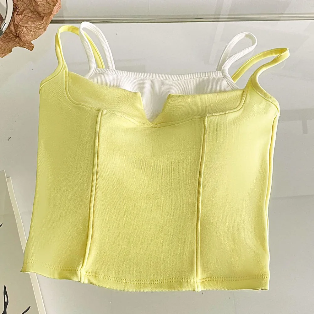 

Sweet Patchwork Fake Two Pieces Camisole Vest Slim Fit Sweet Girl's Tank Top Sleeveless Undershirt Slim Crop Top Seaside