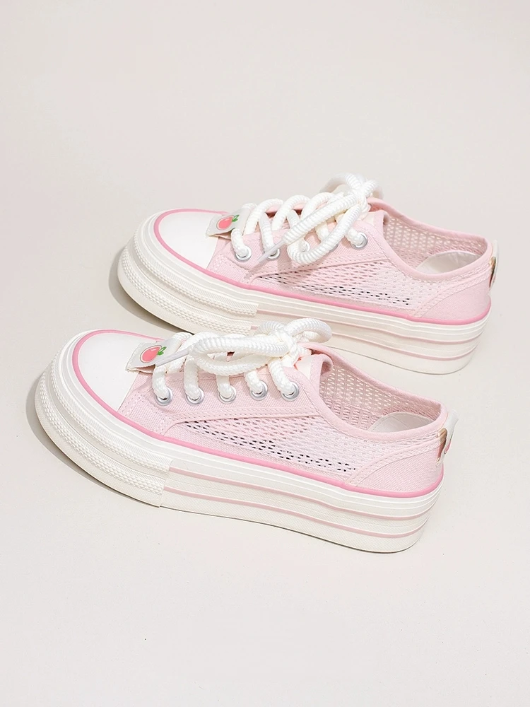 Thick Soled Raised Canvas Shoes Lolita Girls Summer Mesh Breathable 2025 New Student Casual Board Shoes