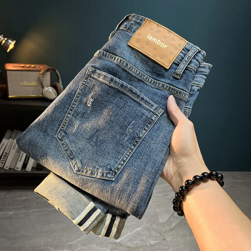 2024new cropped jeans men's spring/summer thin fashion brand light luxury slightly loose tapered casual stretch slim fit skinny