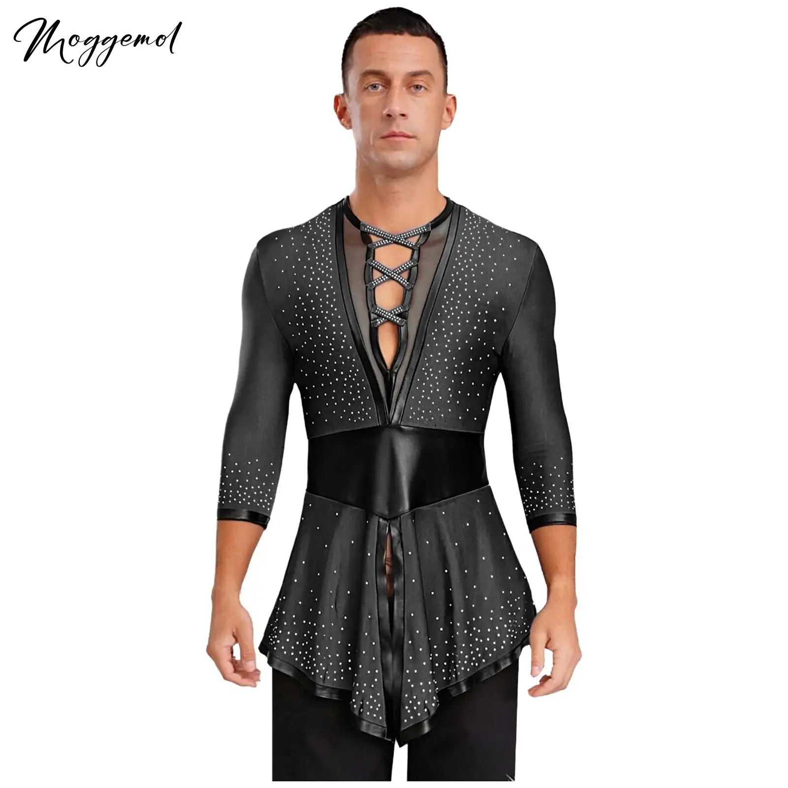 Męski top do tańca latynoamerykańskiego, baletu, tanga, flamenco, kostium do tańca towarzyskiego, błyszczące cyrkonie, siateczka, dekolt w serek, długi rękaw, koszula z frędzlami.