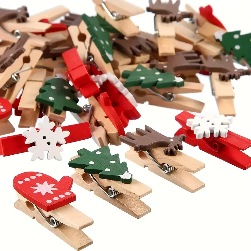 10Pcs Mixed Styles Christmas Wood Clips Christmas Tree Photo Clips Elk Gloves Snowflake Clothespins Diy Images Pegs for New Year