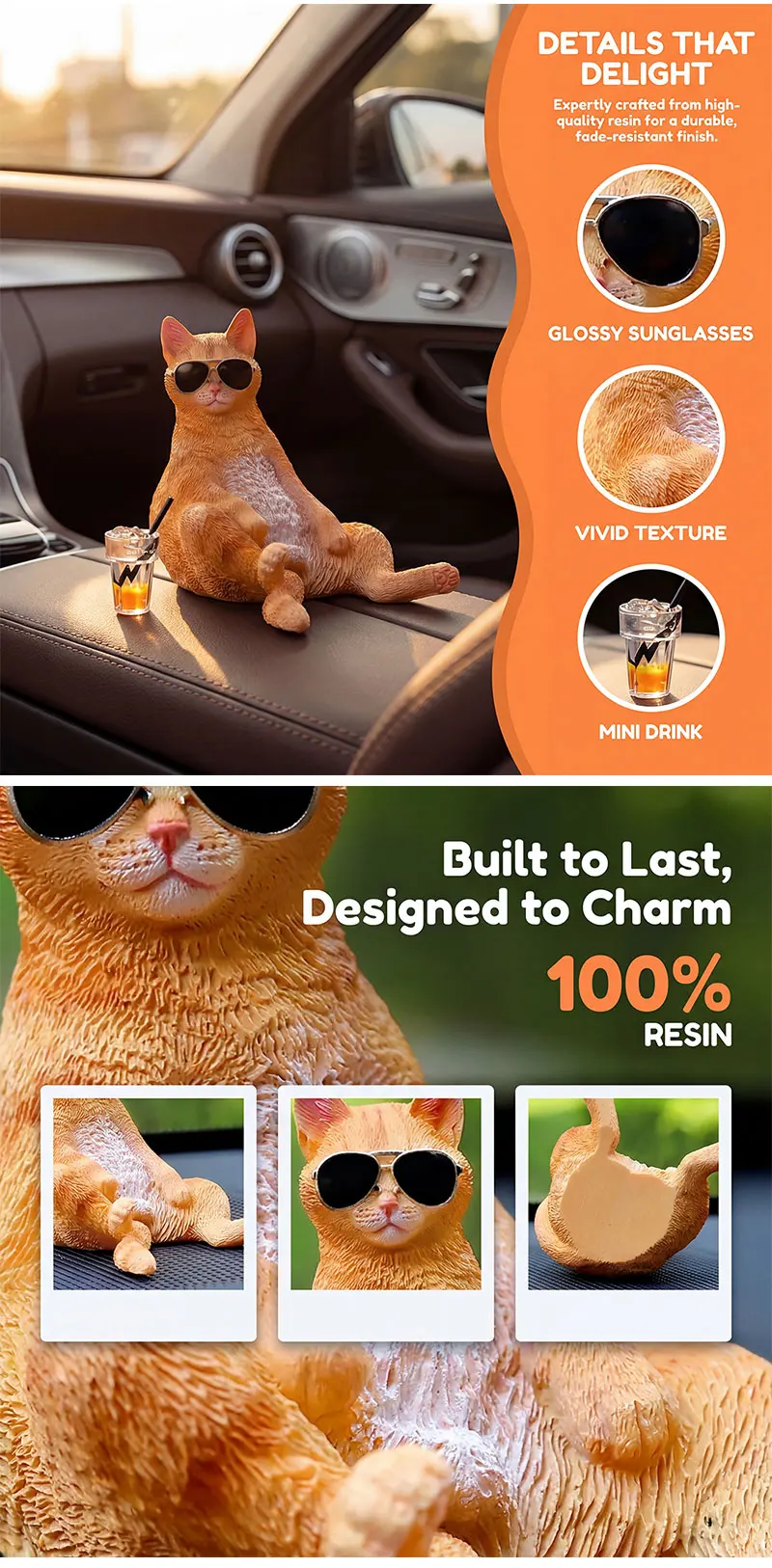 Harz-Figur: Fauler Katzen-Auto-Dekor für das Armaturenbrett – Coole Katzenfigur mit Getränk, niedliches Auto-Ornament für Katzenliebhaber & Fahranfänger, Auto-Innendekoration – Detail 2