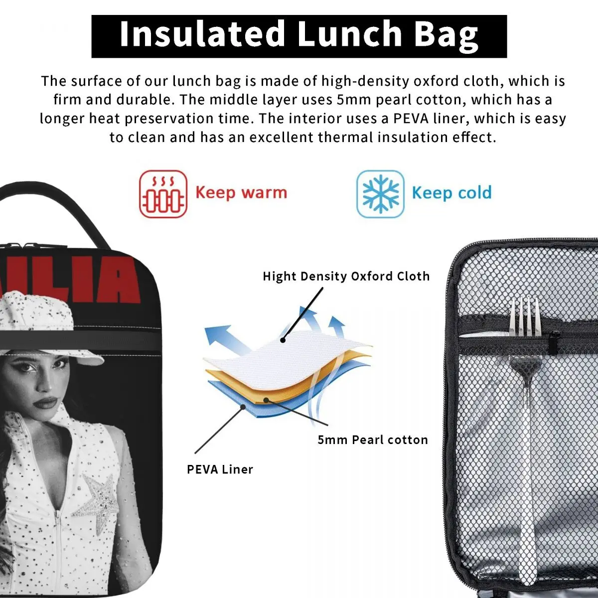 المغني إميليا Mernes MP3 جولة 2025 حقيبة الغداء للجنسين الرسم علب الاغذية خمر مكتب حقيبة للحفاظ على البرودة أكسفورد الحرارية حمل حقائب اليد