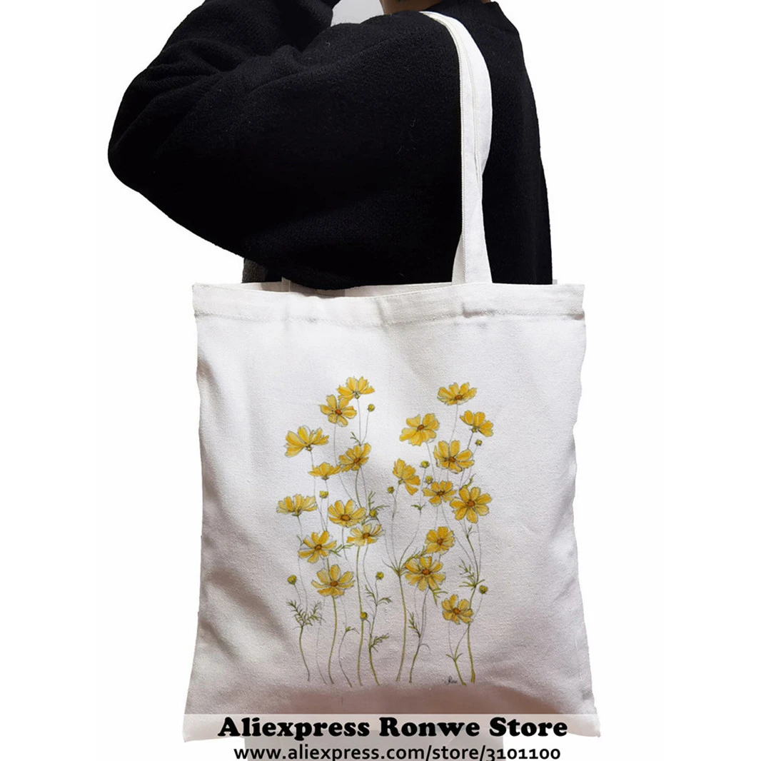 Shopper Yellow Flowers Printed Tote Bag women Harajuku shopper handbag girl Shoulder shopping bag Lady Canvas Bag