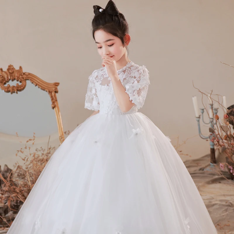 Dziewczęcy biały top z okrągłym dekoltem trójwymiarowy kwiat księżniczka rękaw suknia ślubna sukienka dla młodszej druhny balowa impreza/niestandardowe