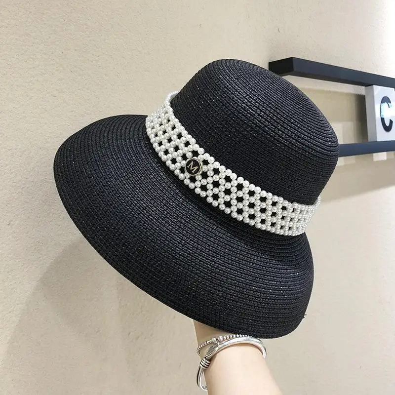 Women French Style Pearl Bucket Hat Tweed Korean Fashion Foldable Wide Brim Straw Beach Resort Summer Sun Protection Visor Cap