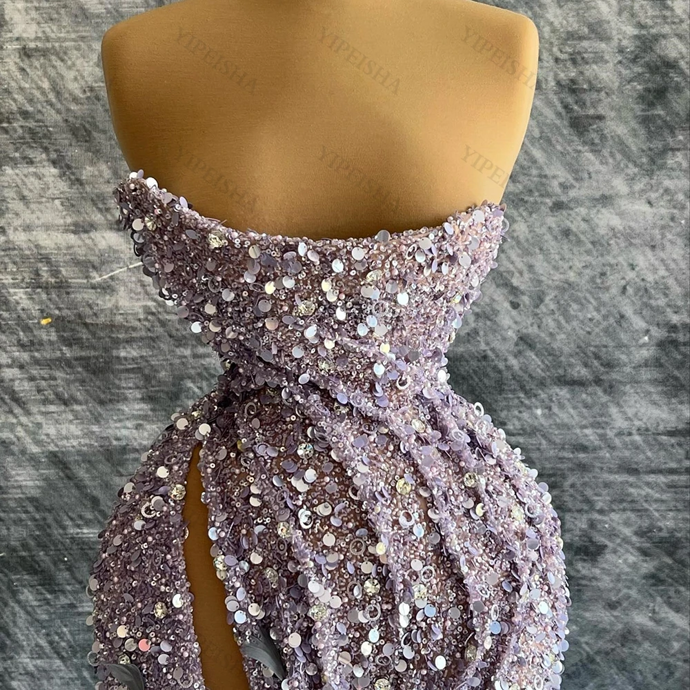 Abiti da sera formali senza spalline squisiti personalizzati Abito da ballo sexy con paillettes con spacco alto lato lavanda