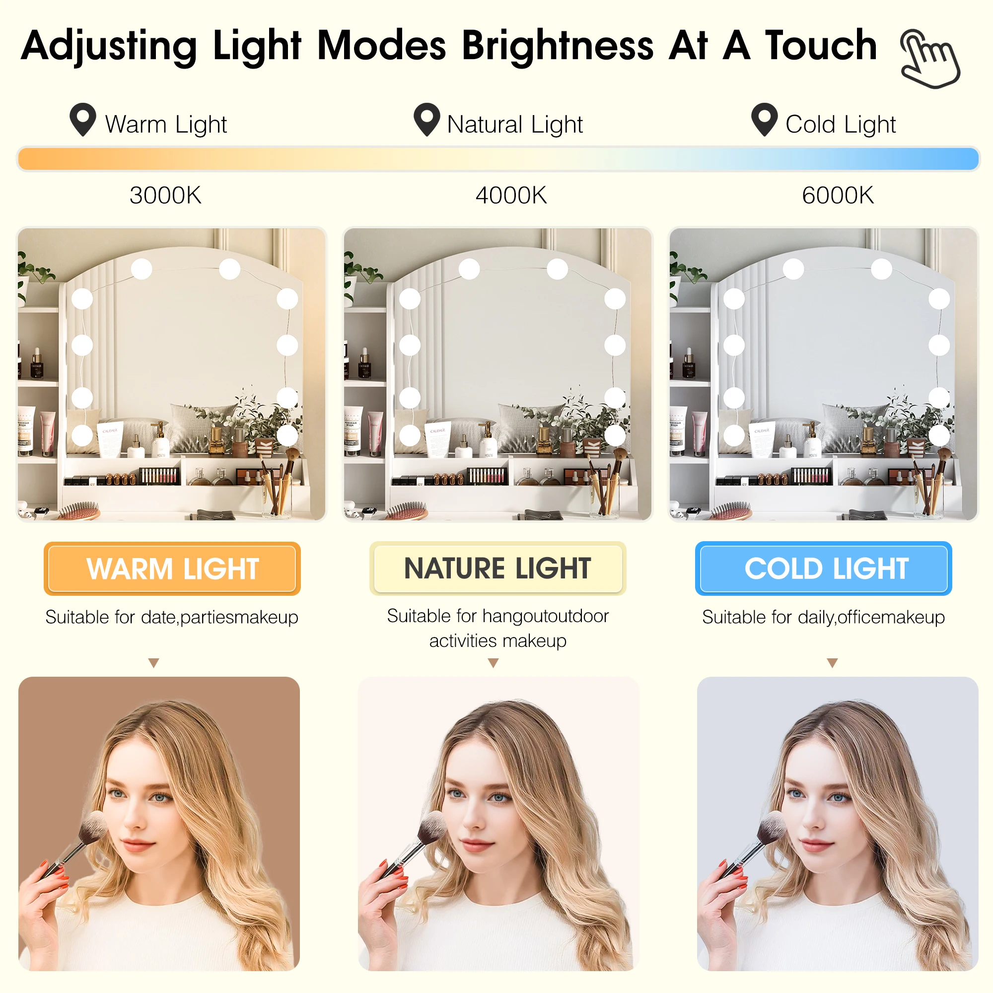 Vabches Tocador con espejo y luces para maquillaje, escritorio con estación de carga y 4 cajones de almacenamiento, juego de tocador blanco para dormitorio