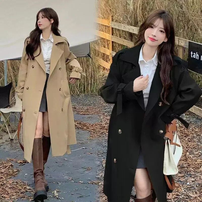 Women's Oversized Long Trench Coat Double Breasted Notched Lapel Loose Fit Fall Autumn Windbreaker With Belt Outwear