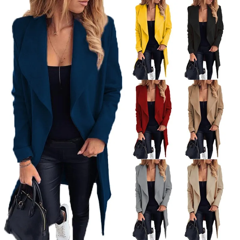 

Elegant and Fashionable Large Lapel Woolen Coat Office Long Coat Temperament Slim Solid Color Winter Jackets for Women