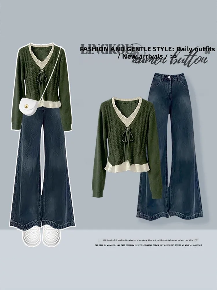 

plus Size Autumn Winter Set Women's Gentle Sle Age-Defng Fake Two-Piece Knitted Slimming Micro Flare Jeans Two-...