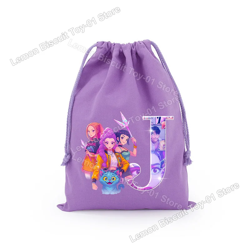 KPop 악마 사냥 시리즈 Drawstring 가방 보라색 문자 A-Z 여성 방진 메이크업 가방 귀여운 캔디 스낵 파우치 생일 선물