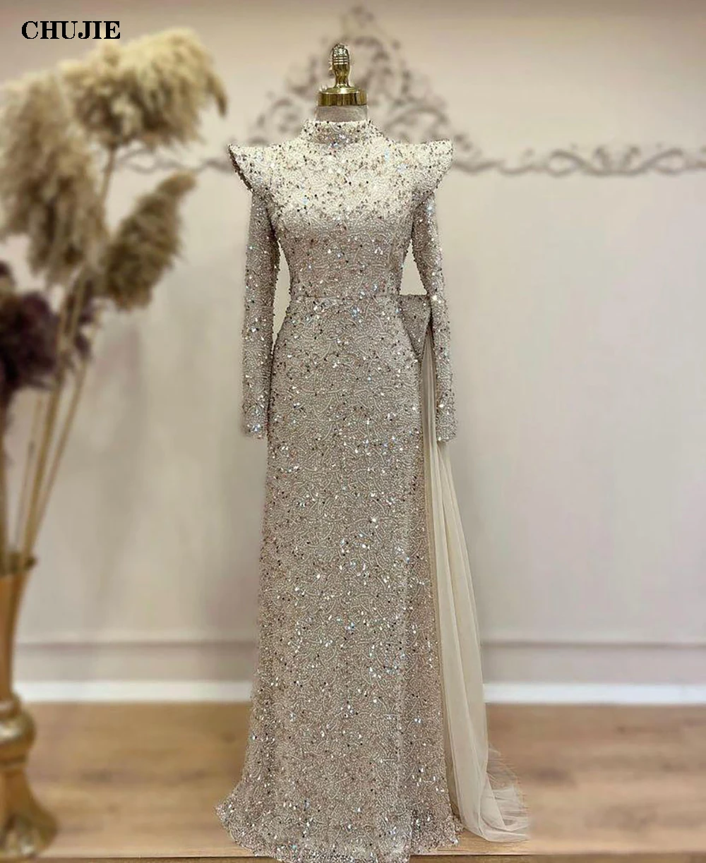 

Muslim Dubai Mermaid Evening Dresses For Women Elegant Prom Party Dress Crystal Bead Sequins Wedding Formal Gowns Robe De Soiree
