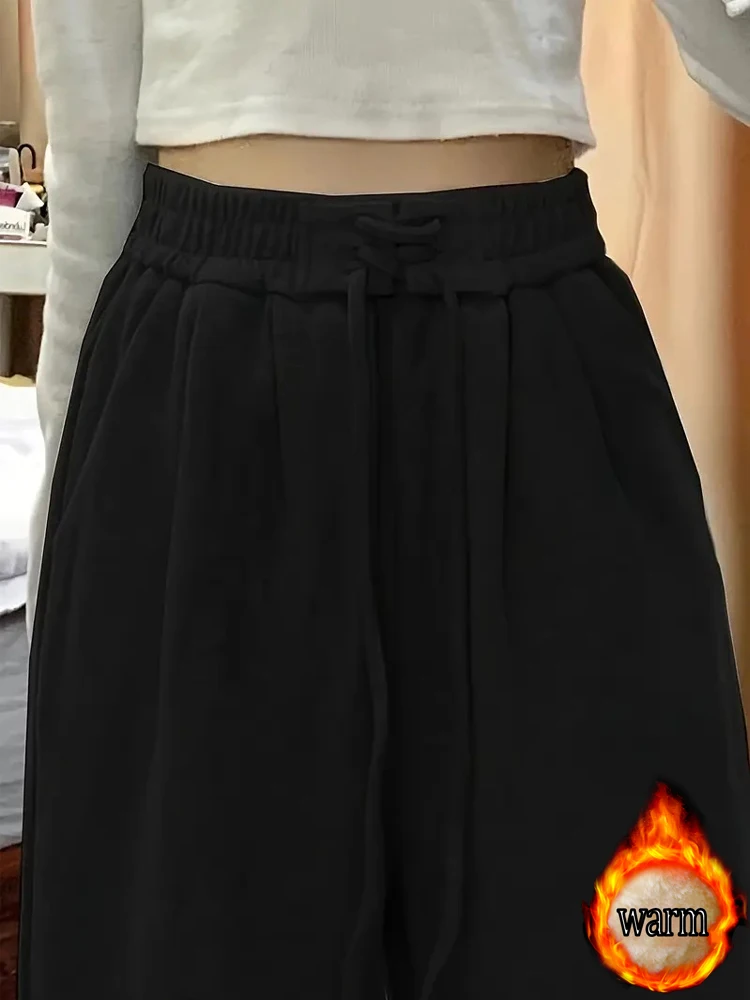 한국 스타일 인스 스타일 여성 캐주얼 팬츠, 새로운 가을 겨울 루즈 슬림 와이드 팬츠, 플리스 안감 및 두꺼운 소재, 하이웨이스트, 드레이프 스트레이트 팬츠