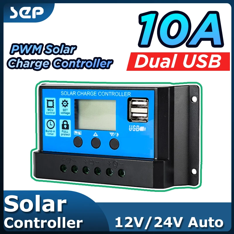 Contrôleur solaire pour touristes, sortie USB 5V, écran LCD, chargeur de batterie PWM, 10A, 12V, 24V, panneau solaire, déchargeur, nouveau