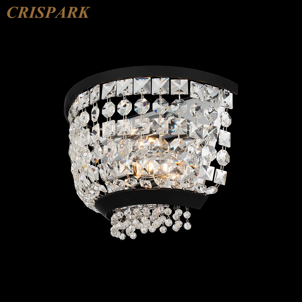 Black Traditional LED Wall Lamps Clear Crystal Small Sconce Lighting Fixture Interior Semicircle Wall Light for Bedroom Corridor