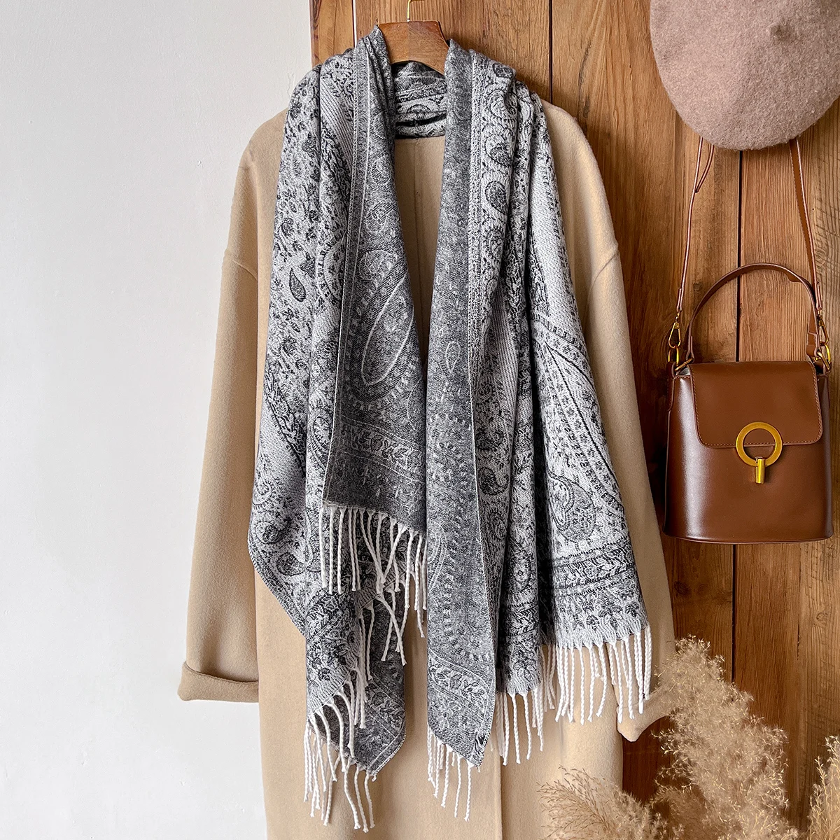 

Brand Fashion Winter Cashmere Shawl for Women - Vintage Oil Painting Printed Floral Tasseled Pashmina Thick Scarf, Wrap & Echarp