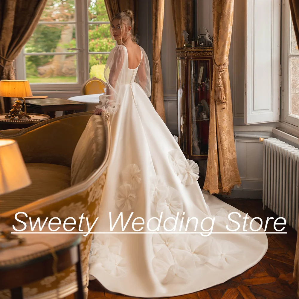 Charming Satin Wedding Dress Puff Sleeves V Neck Pleat Pearls Flowers Sweep Train Zipper Buttons Vestido De Noiva Bridal Gown