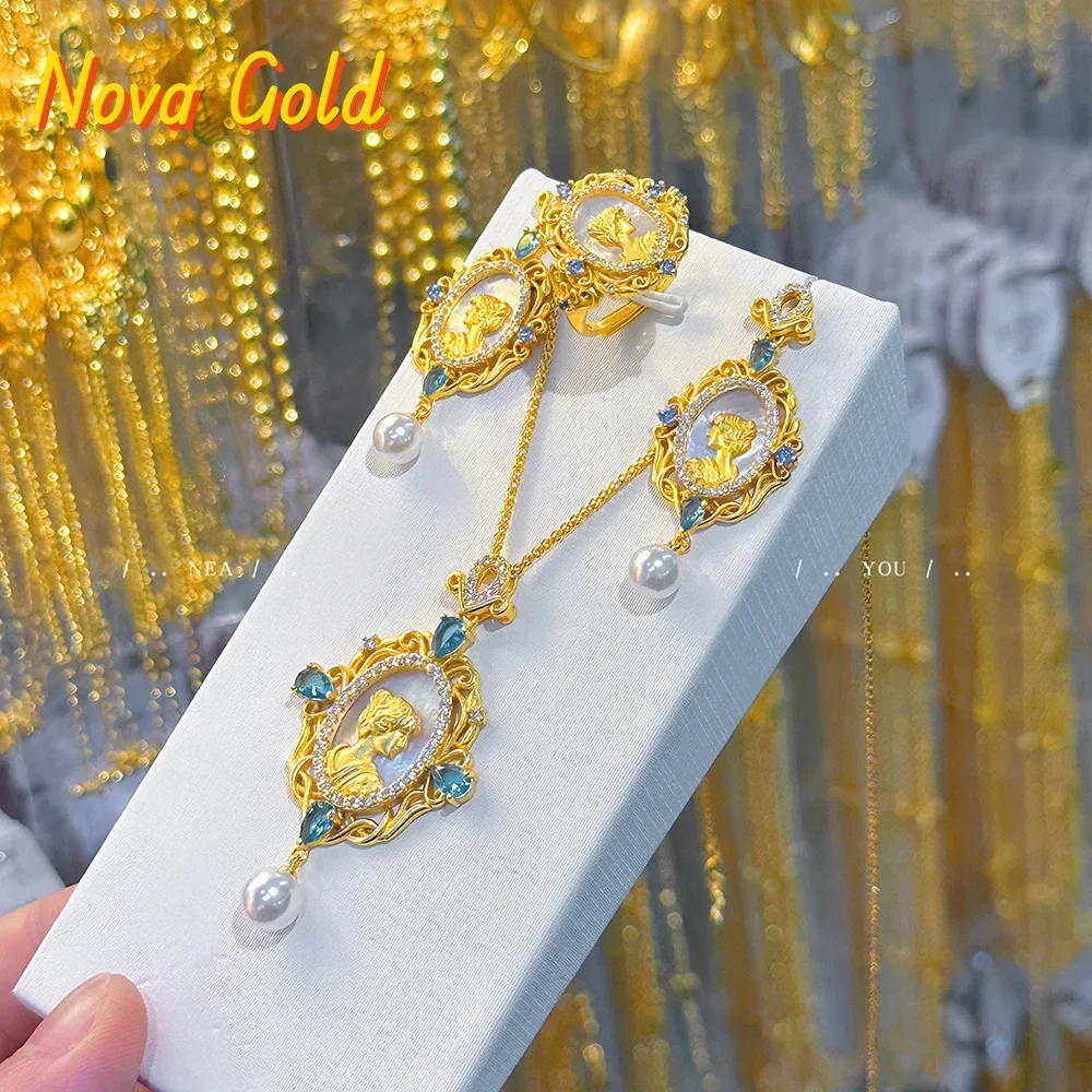 NovaGlod French retro Rococo style queen jewelry 9999 24K real gold medieval palace style mother-shell queen pearl necklace earr