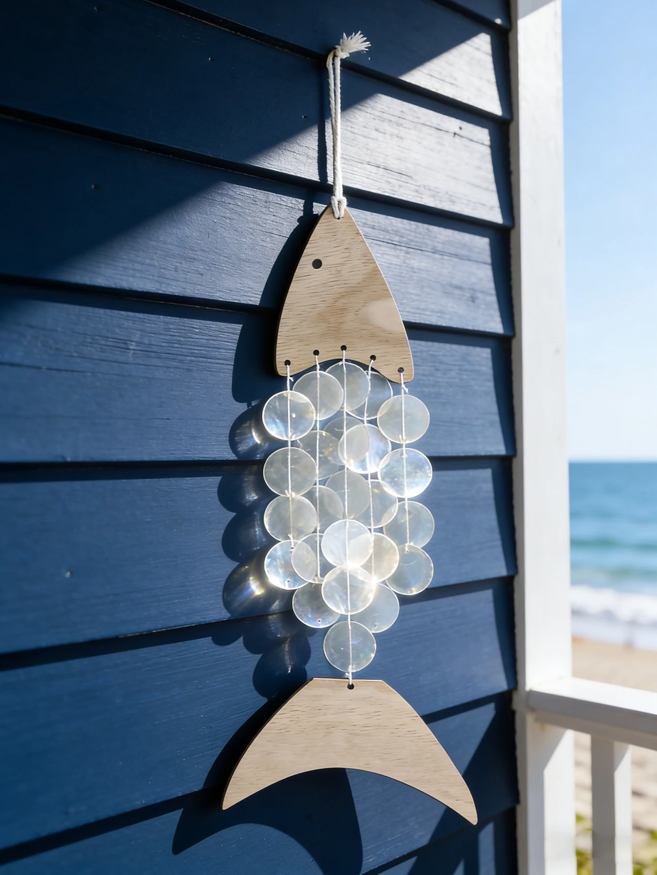 Wooden Fish Capiz Shell Wind Chime - Bohemian Coastal Hanging Decor for Home Balcony Garden, Nautical Beach Style Ornament Gift