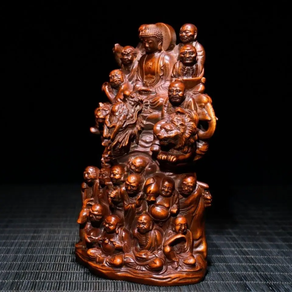 15 CM Tall Eighteen Luohan Buddha Boxwood Figurine Carving Feng Shui Sculpture Live Room Decor