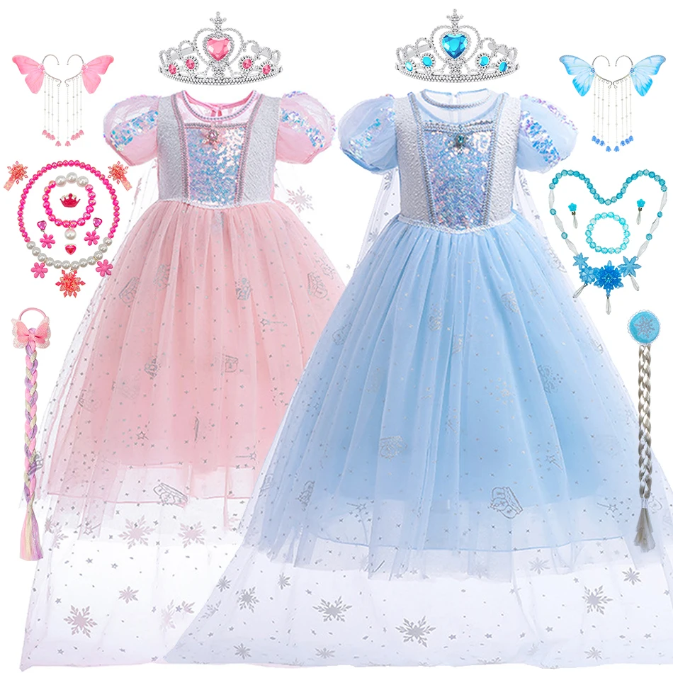 Elsa Summer Costume Snow Queen Cosplay Princess Dress Girls Halloween Birthday Christmas Carnival Party Kids Blue Pink Outfits