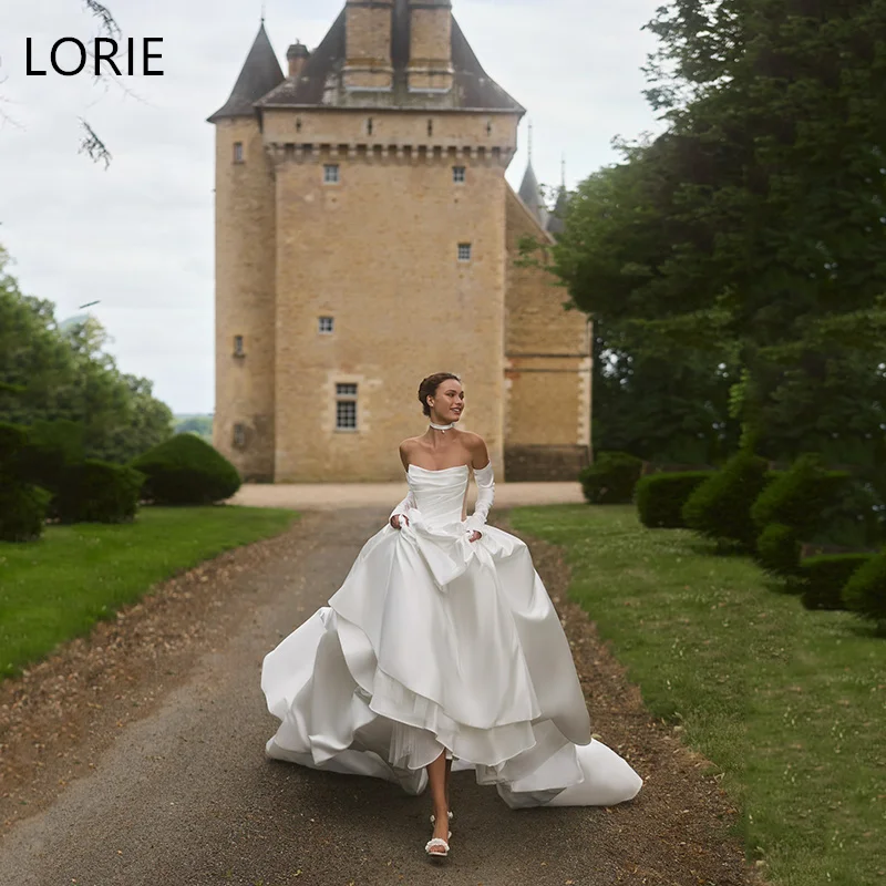 

LORIE Satin vestidos de novia Exquisite Strapless Lone Train Bridal Gown Ivory Pleat Wedding Dress Customized
