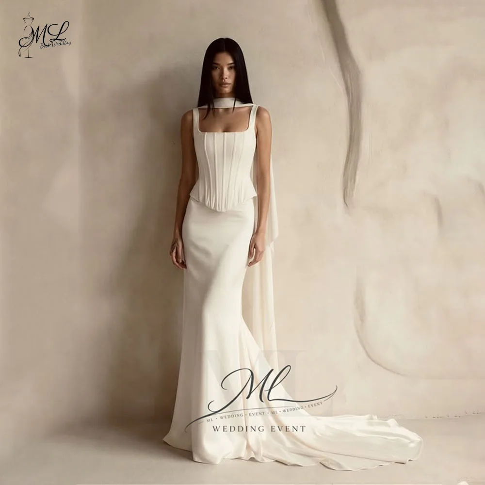 

ML Customized Square Collar Spaghetti Straps Wedding Dresses Sleeveless Elegant Mermaid Bridal Gowns Court Train Wedding Gowns